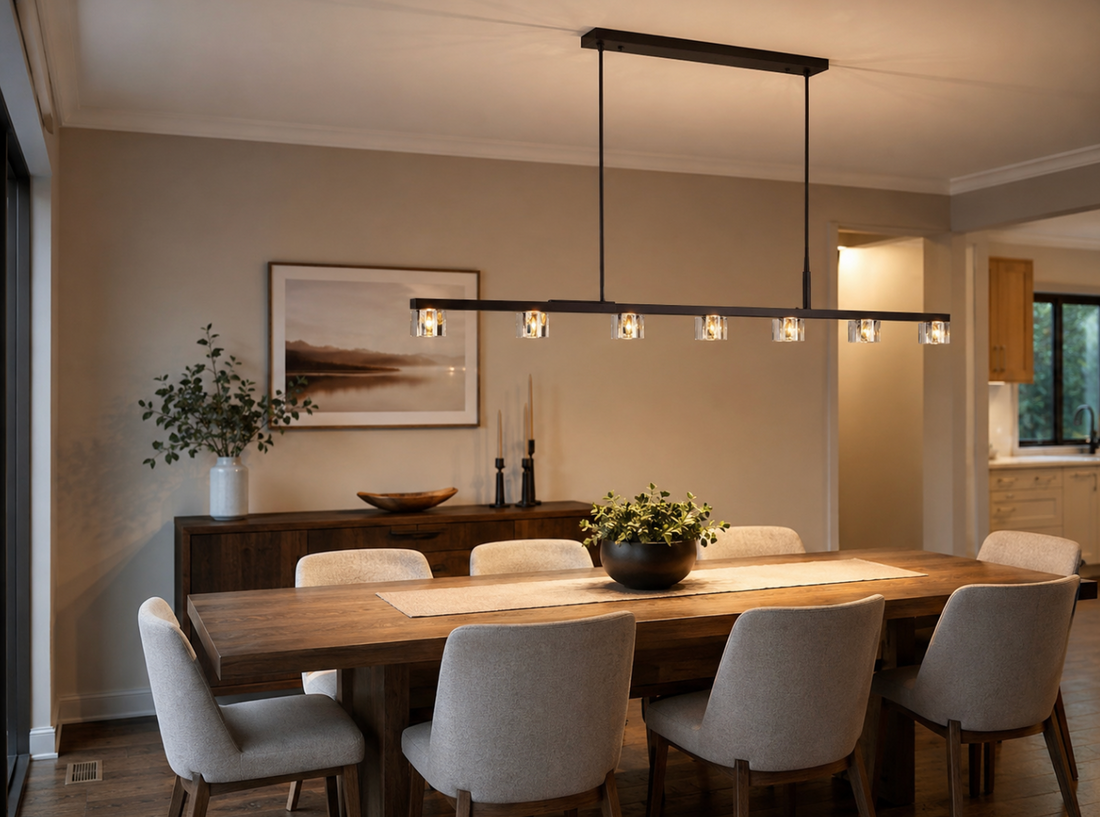 Comedor con lámpara colgante sobre la mesa creando un ambiente cálido y acogedor