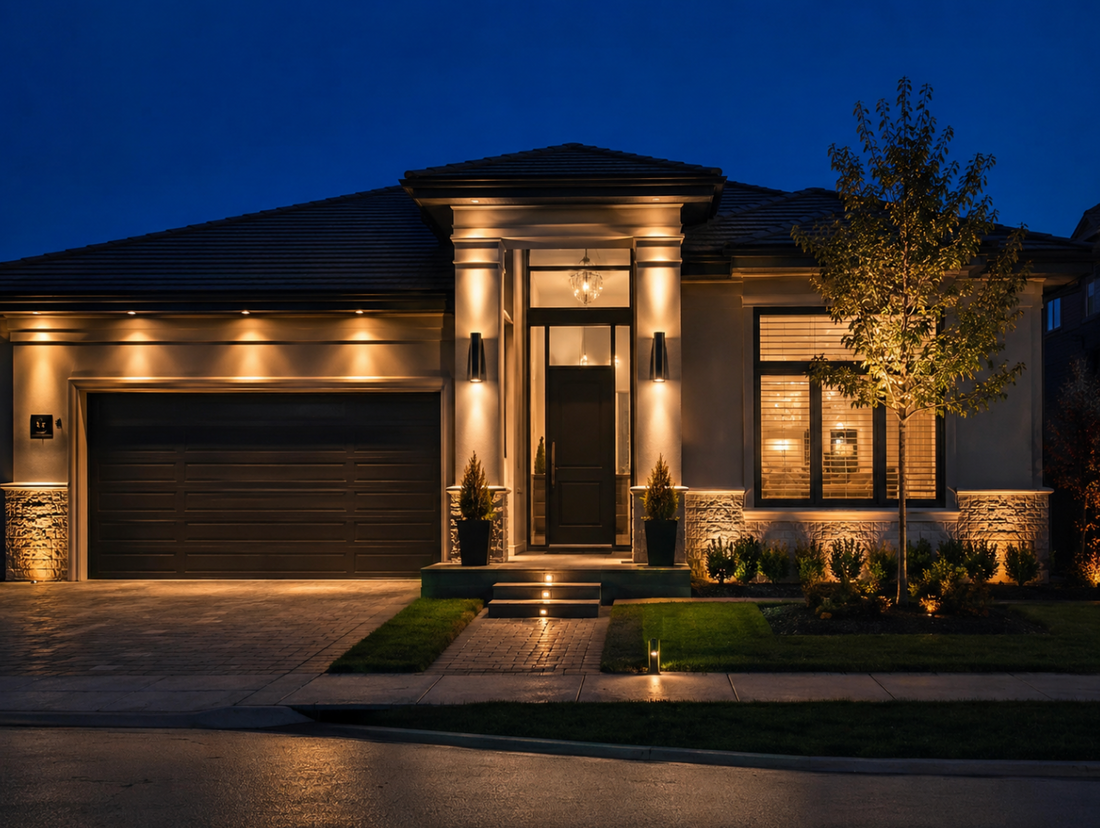 Fachada moderna iluminada de noche con apliques exteriores decorativos