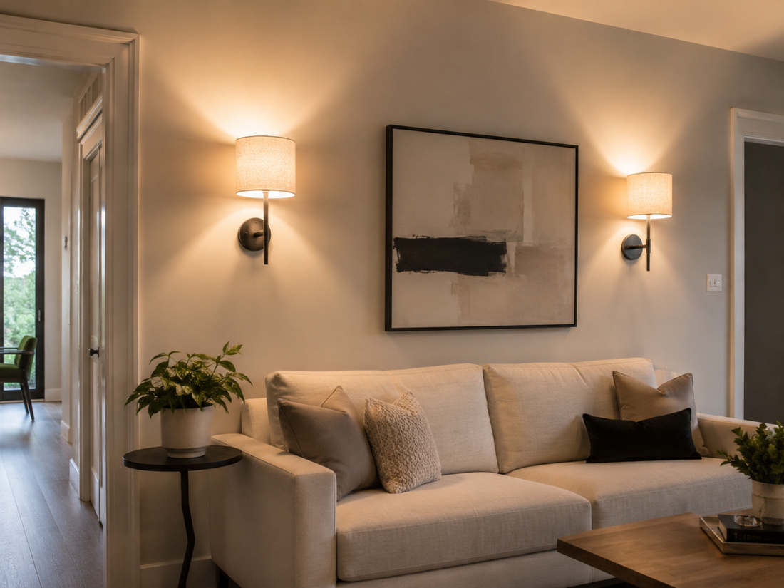 Salón con dos apliques de pared simétricos enmarcando un cuadro sobre el sofá