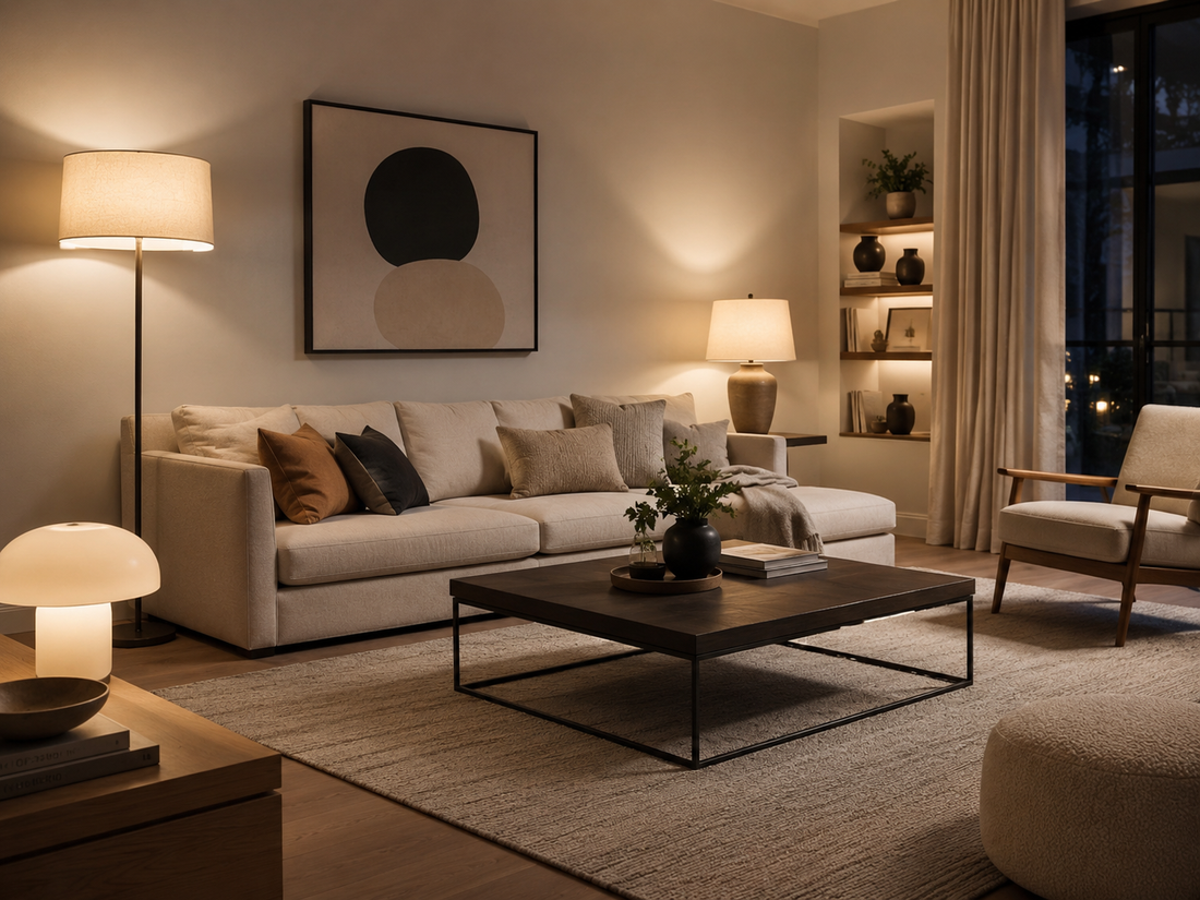 Salón moderno iluminado con lámpara de pie blanca y lámpara de mesa tipo seta